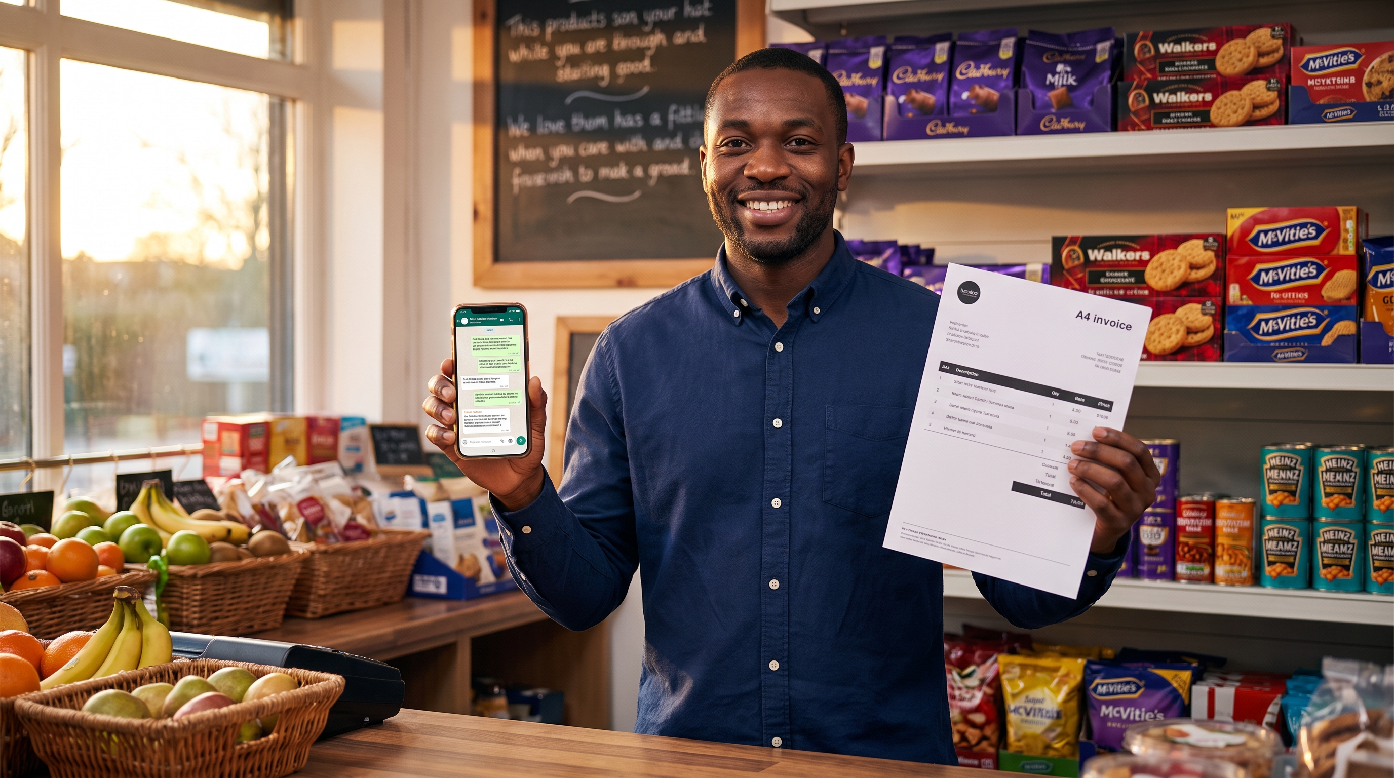 UK high-street shopkeeper managing WhatsApp orders with InvoiceFlow